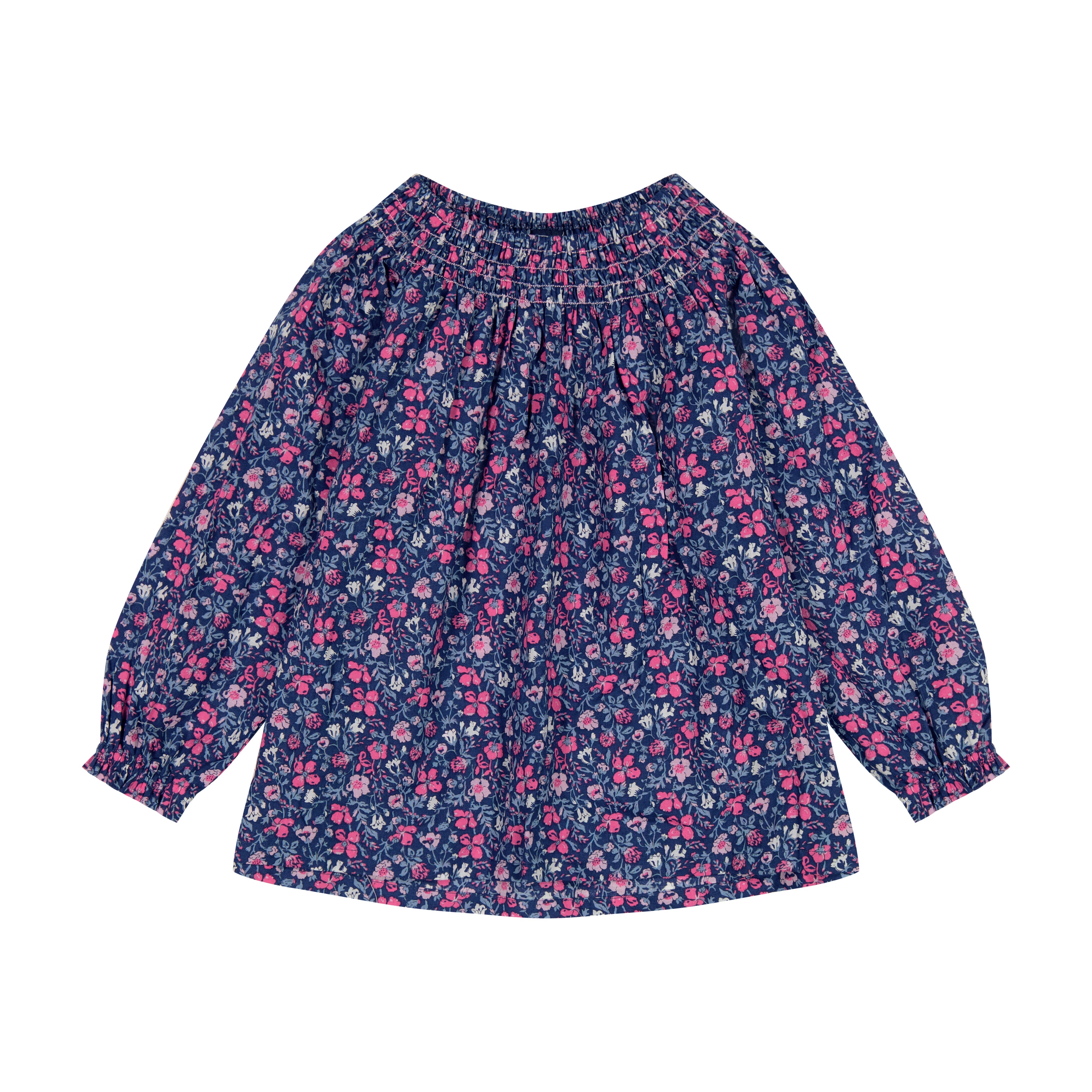 Georgina Girls Smocked Top Pink Navy Floral