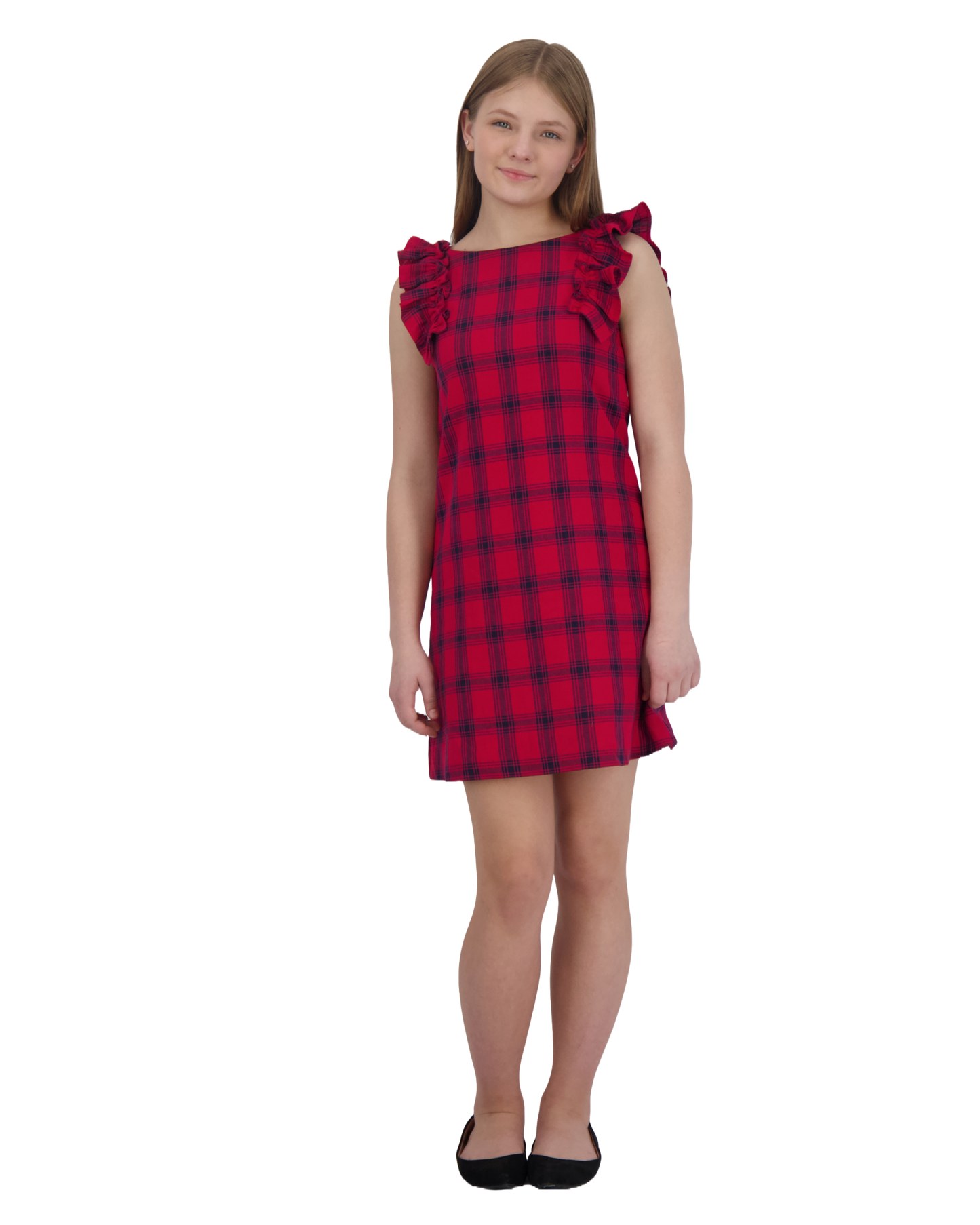 Grace Ruffle Sleeve Shift Dress Red Plaid