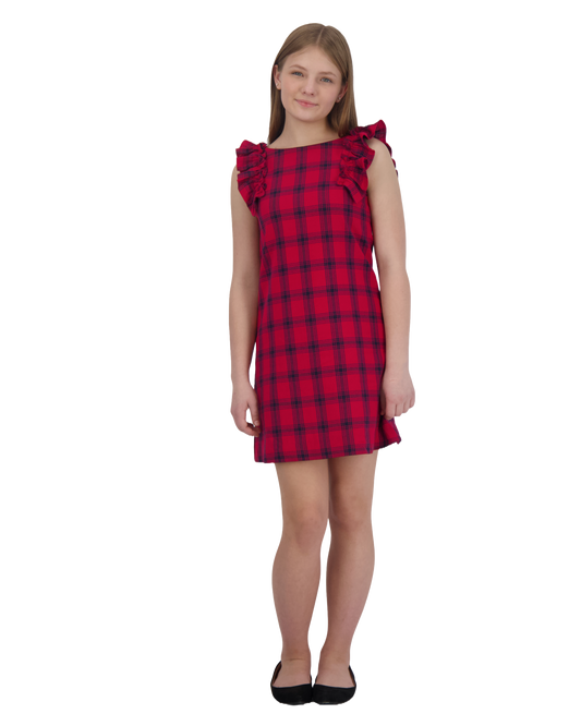 Grace Ruffle Sleeve Shift Dress Red Plaid