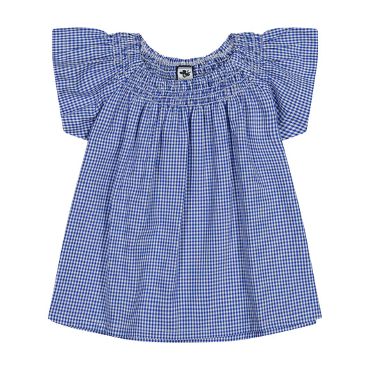 Molly Smocked Flutter Sleeve Top Blue Mini Check