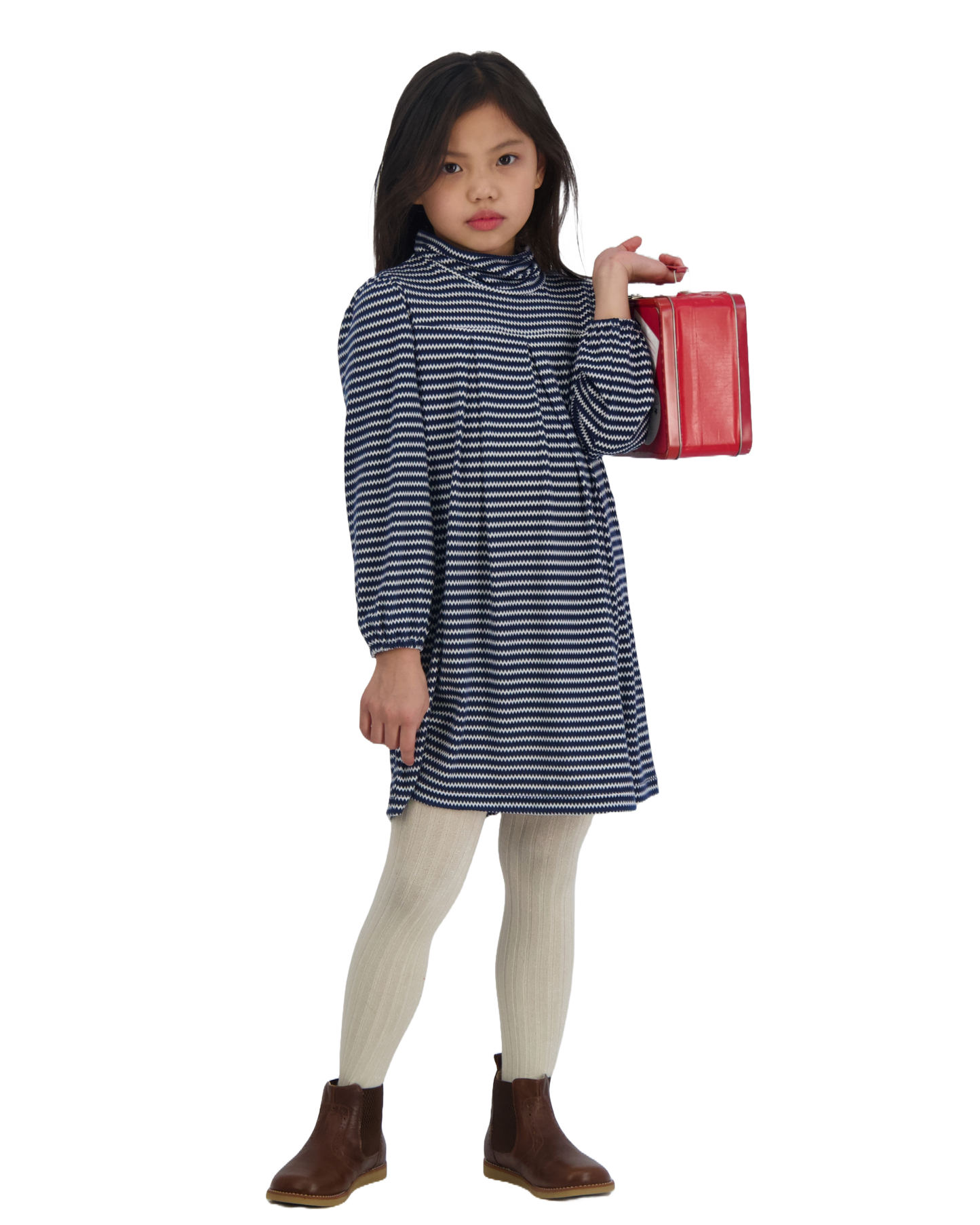 Suzy Girls Turtleneck Dress Navy Zigzag