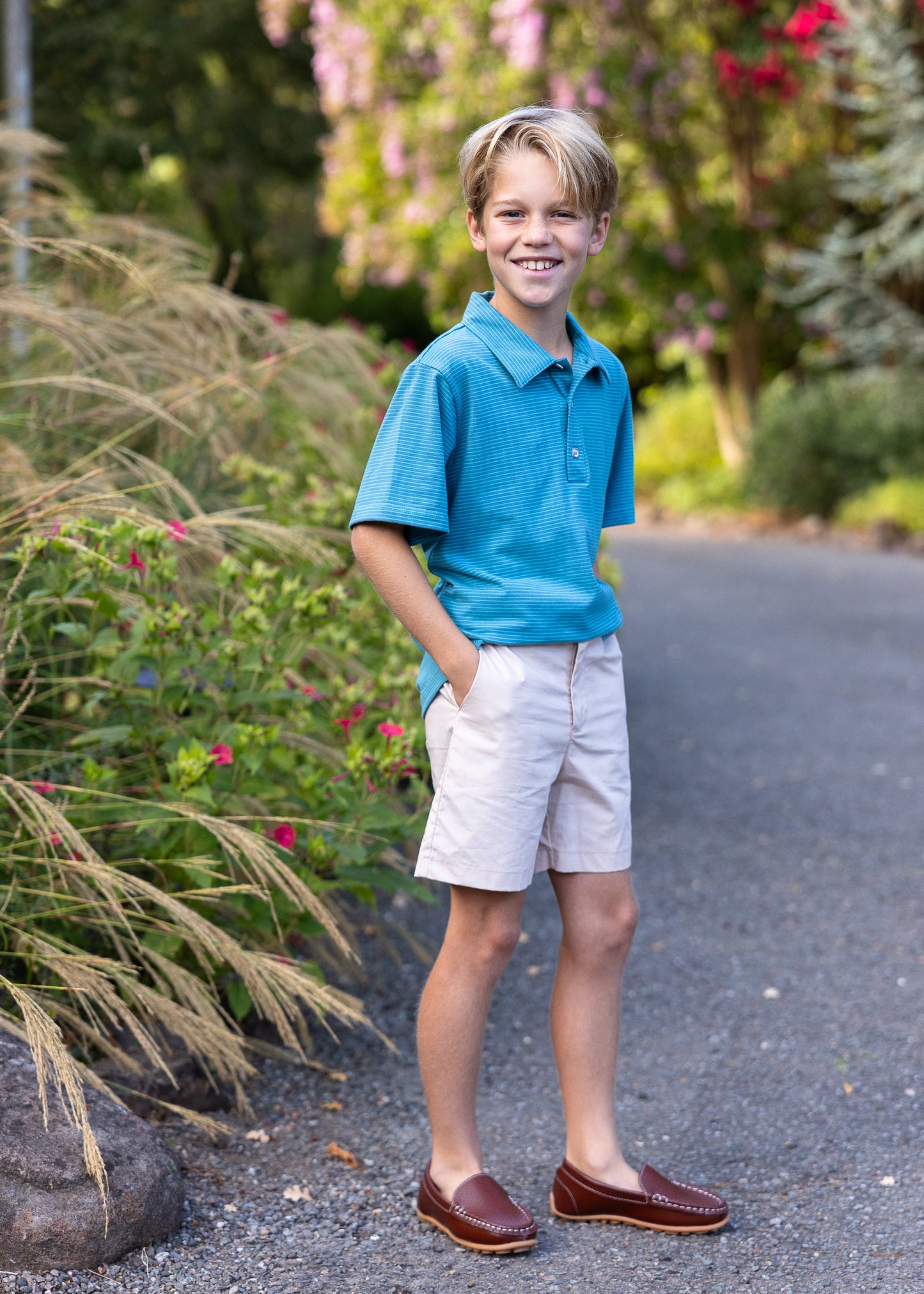 Boys Short Sleeve Polo Blue Green Mini Stripe