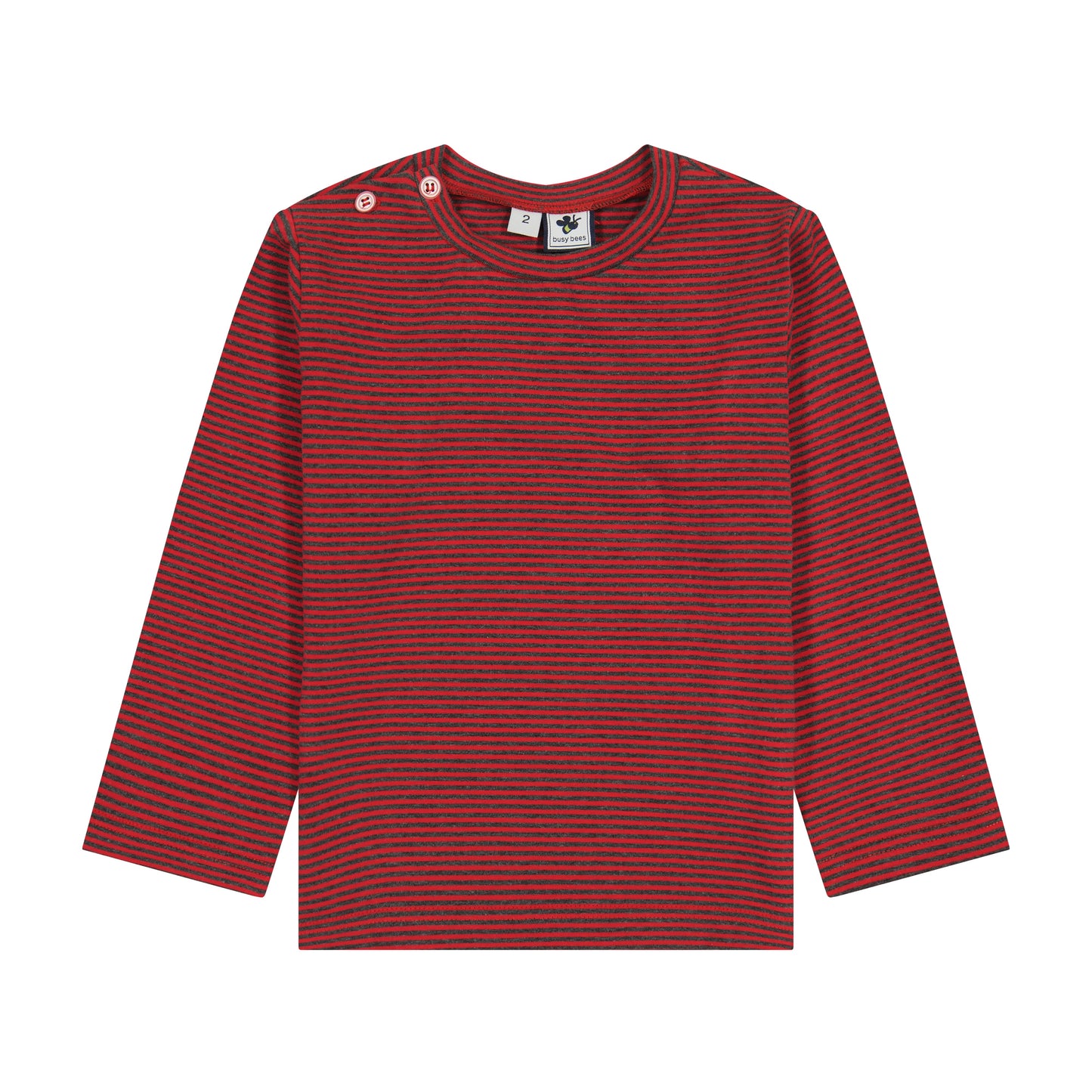 Henry Boys Button Shoulder Long Sleeve Tee Red Charcoal Stripe