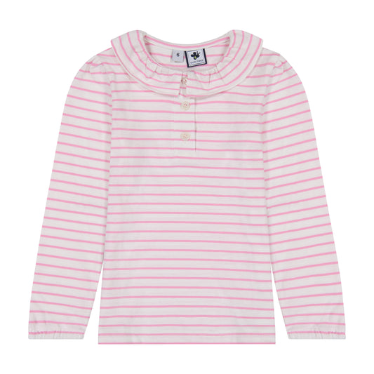 Eliza Girls Ruffle Knit Long Sleeve Polo Light Pink Mini Stripe