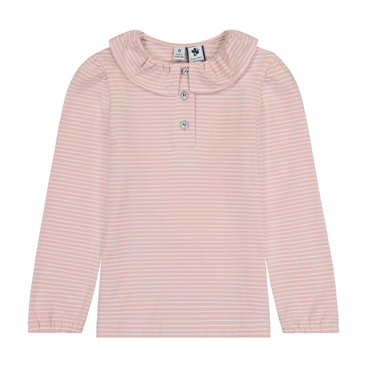 Eliza Girls Ruffle Knit Long Sleeve Polo Rose Pink Stripe